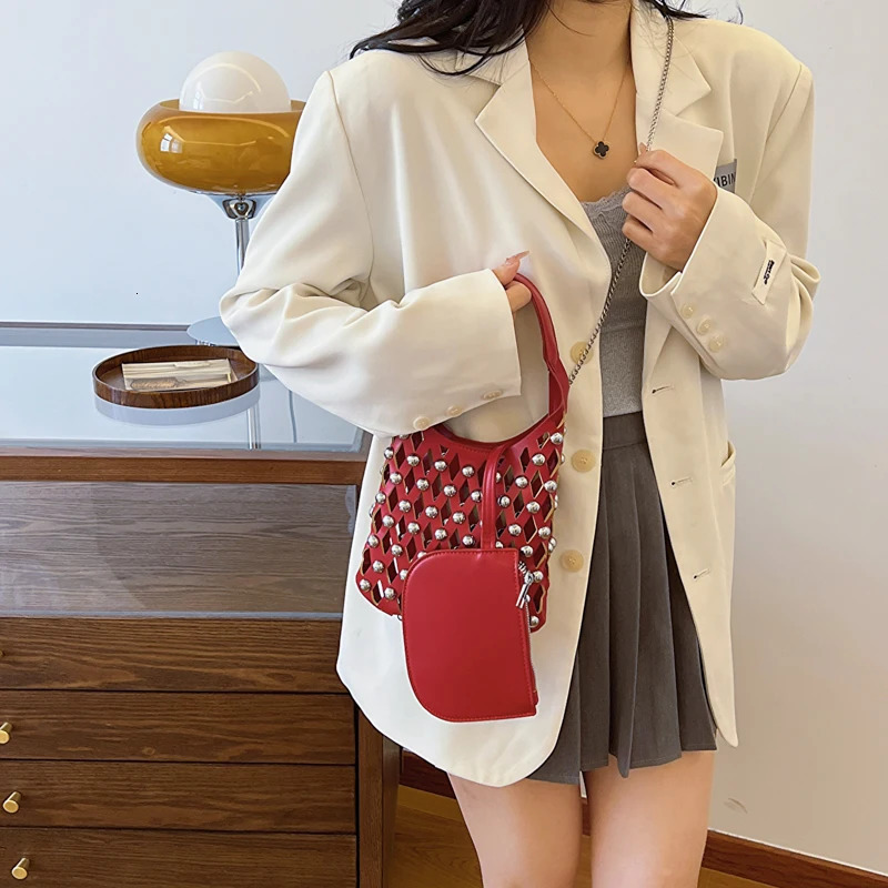 2 Pcsset Rivet n Bucket Crossbody Shoulder Bag Punk Style Pu Leather Handbag And Purse Black Brown bolsa feminina 241021