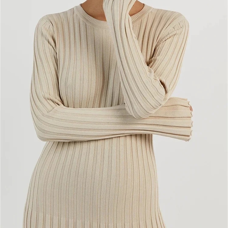 Tossy LaceUp Female Knit Maxi Dress Autumn High Waist Fashion Patchwork Long Sleeve Loose Solid Bandage Knitwear 241007