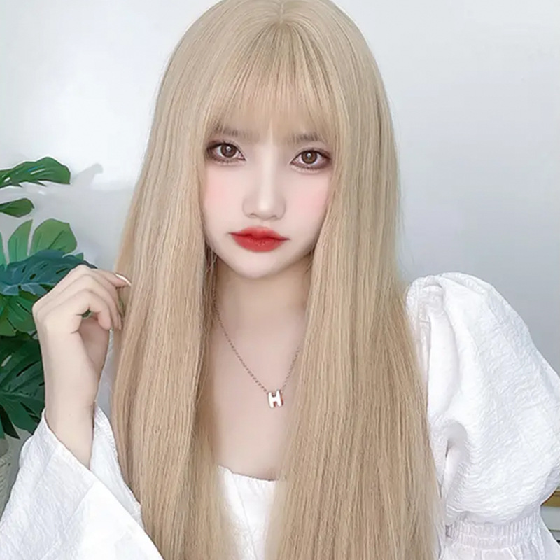 Wigs for women long straight hair New Platinum Long Hair Air Bangs Natural wig