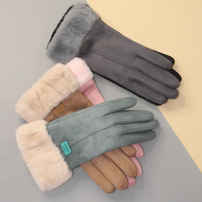 Winter Female Cashmere Warm Suede Leather Cycling Mittens Double Thick Velvet Plush Wrist Women Touch Screen Driving Gloves 241024