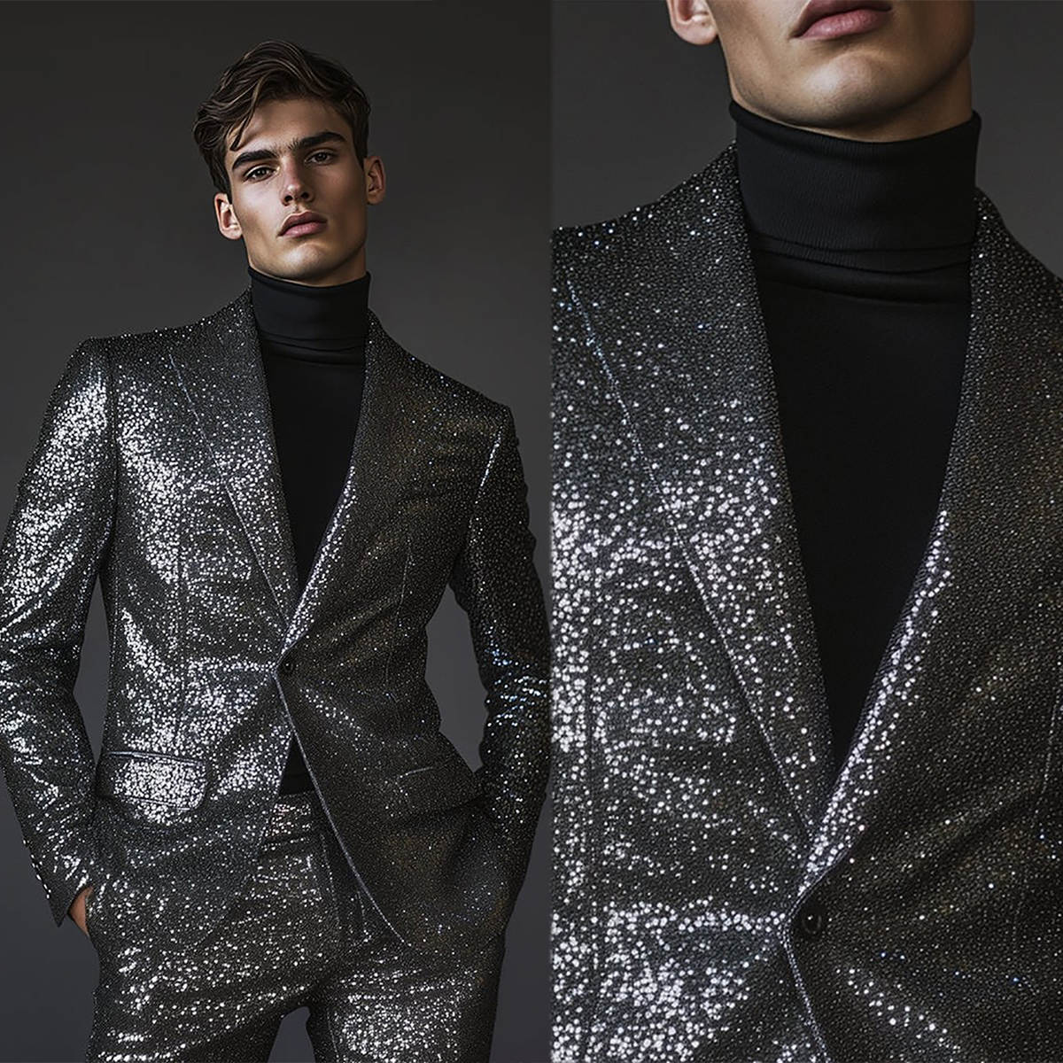 Bright Sequined Men Wedding Tuxedos Black Peaked Lapel Tailored Pants Suits Birthday Party Prom Groom Wear 2 Pieces