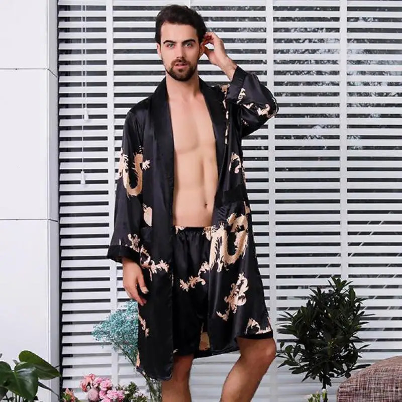 Large size 4XL 5XL mens satin robe set with dragon print 2PCS sleepwear silk sleepwear and robe set for mens casual kimono loose home wear 241023