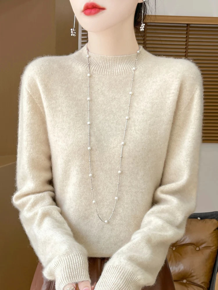 Autumn Winter Womens Sweater 100% Merino Wool Collar Knitted Fabric Womens Long Sleeve Cashmere Dress 241024