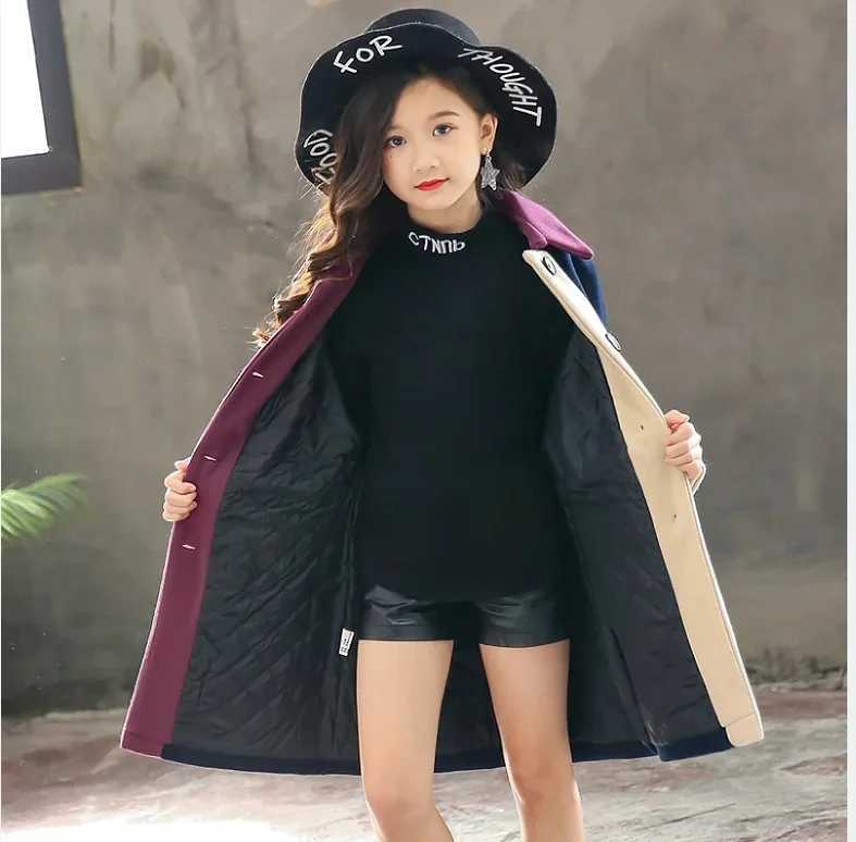 Girls hot selling patch work wool jacket autumn thick warm trench jacket 4-12 years childrens clothing big childrens fashion park W241023