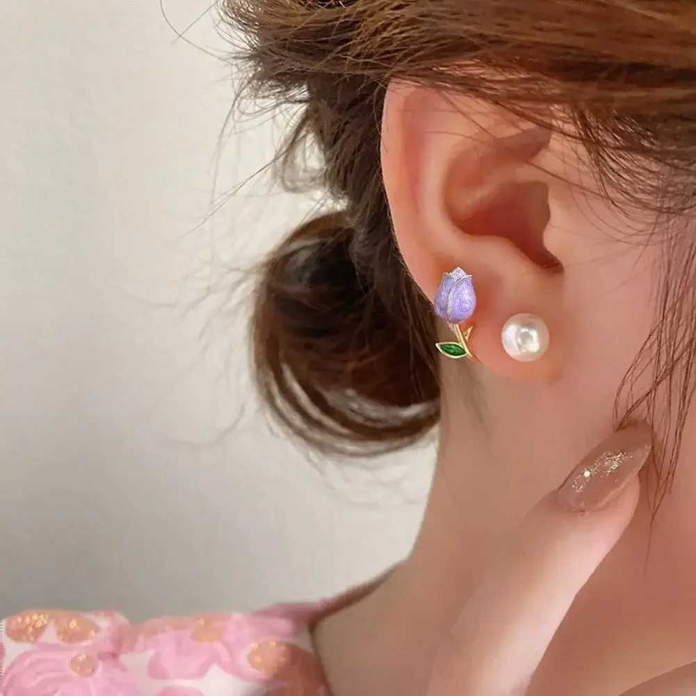 Pink Tulip Imitation Pearl Earrings Rose Color Flower Two Ways To Wear Ear Studs for Girls Daily Wear Women Ear Piercings GiftsX241023