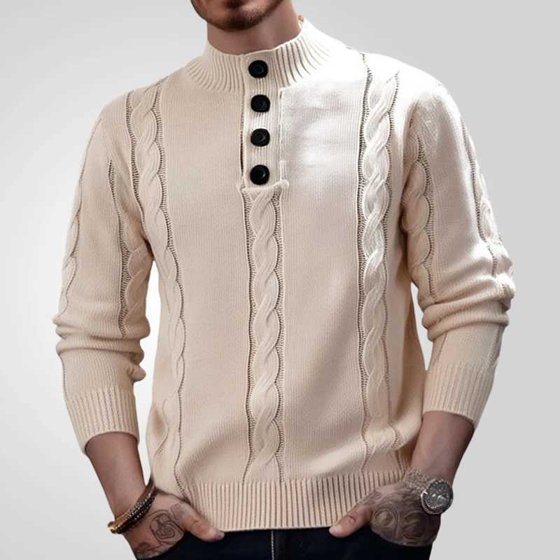 Vintage Twist Crochet Mens Sweaters 2024 Autumn Casual Slim Buttoned Stand Collar Sweater For Men Fashion Solid Color Knit Tops LX241024