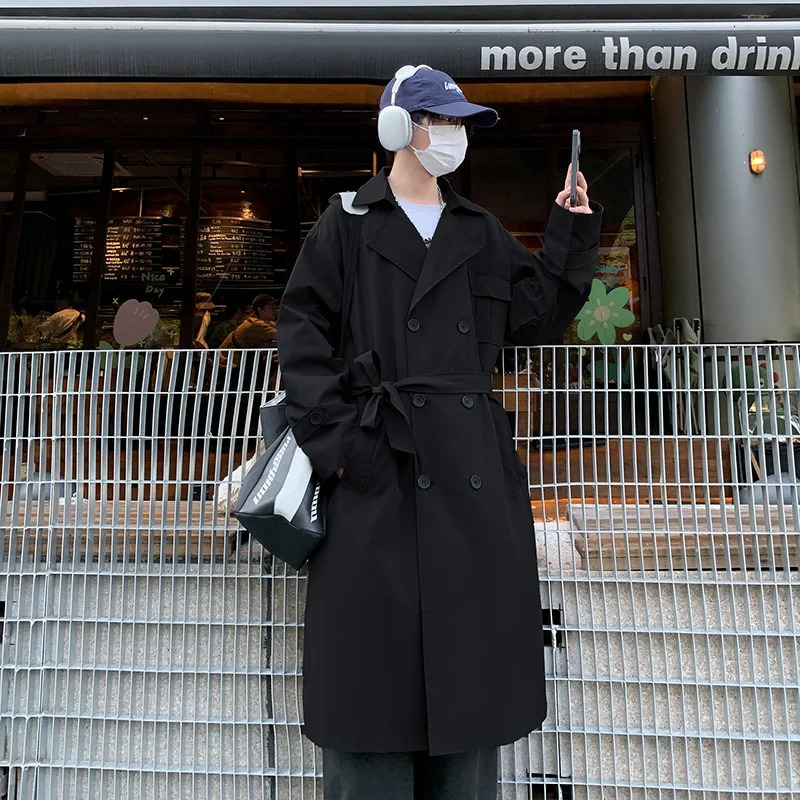 Solid Casual Korean Coat Male style Autumn Trench Pocket Decor Streetwear Windbreaker Trenchcoat Men Loose Office Overcoat 241010