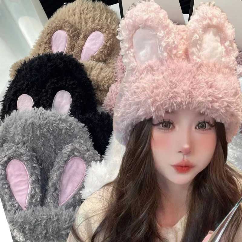 Y2k Rabbit Ear Woolen Hat Cute Girl Winter Beaver Plow Hat Warm Lolita Thick Warm Fun Party Photos Wool Hat X2410231