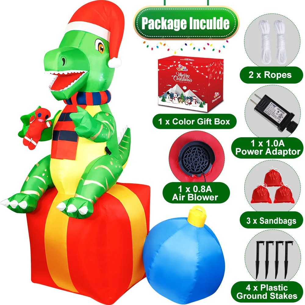 6-foot dinosaur Christmas inflatable outdoor decoration Christmas inflatable courtyard decoration Christmas indoor and outdoor garden lawn decoration 