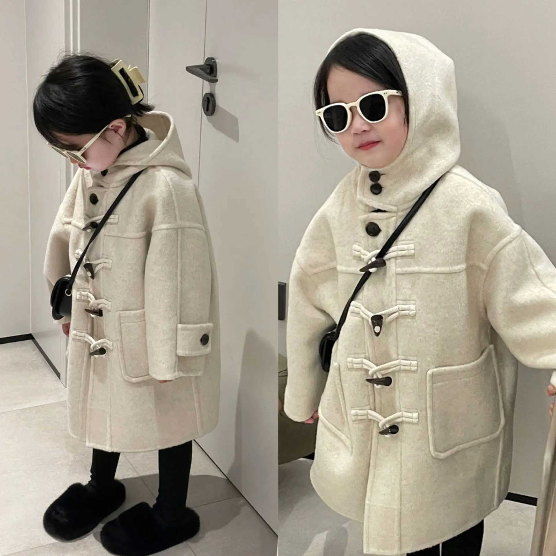 Winter boys and girls outerwear autumn new Korean temperature horn button hooded wool coat fashionable cardigan wool coat W241023