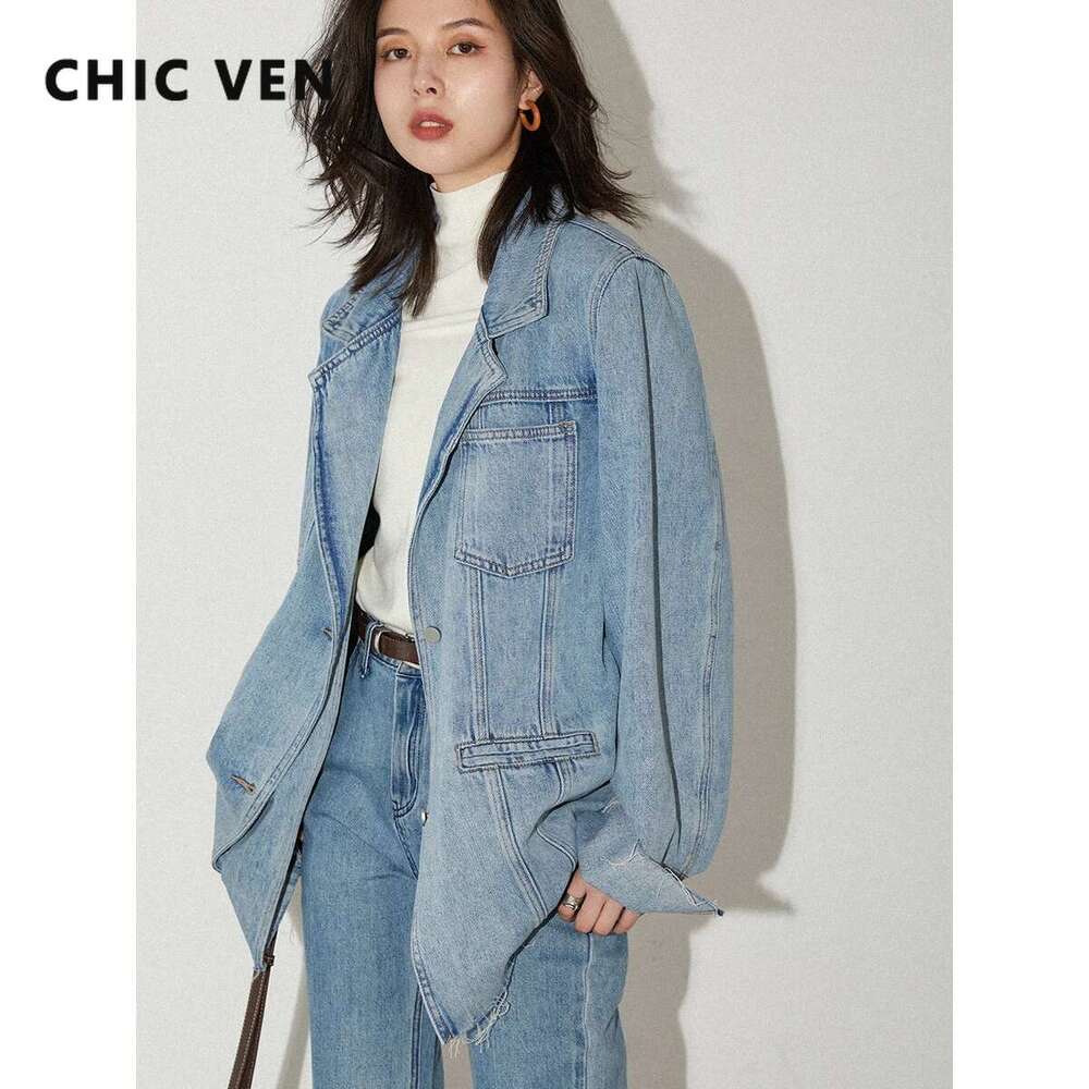 CHIC VEN Women Coat Loose Streetwear New Wide Shoulder Raw Edge Female Denim Jackets Woman Clothing Spring Autumn 2023
