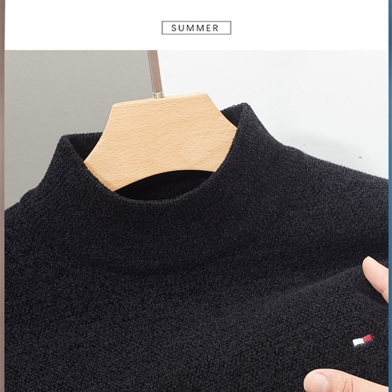 Mens Knitted Sweater Mock Neck Embroidered Thicken Pullover Winter Korean Fashion Casual Plush Knitwear 240930