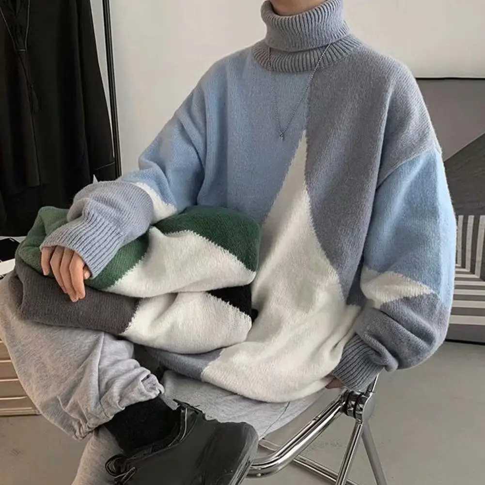 High Collar Sweater Colorblock Knitted Turtleneck Mens Sweater with High Collar Neck Protection Soft Warmth Elastic Mid Length LX241024