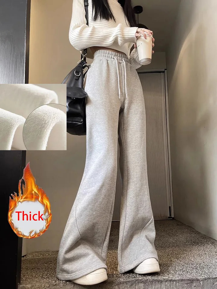 Zoki Korean Winter Thick Flare Pants Womens Casual High Waist M-3XL Grey Trouser Lace Pocket Loose Street Clothing Sports Pants 241023