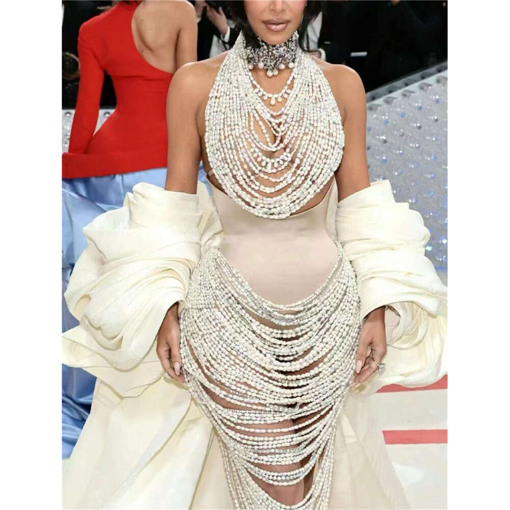 Hot Sale Halterneck Pearl Mermaid Ball Arab Satin Tunic Sleeveless Ladies Party Dress 2024 Haute Couture Customizat