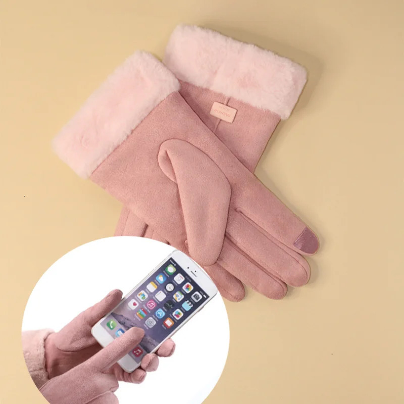 Winter Female Cashmere Warm Suede Leather Cycling Mittens Double Thick Velvet Plush Wrist Women Touch Screen Driving Gloves 241024