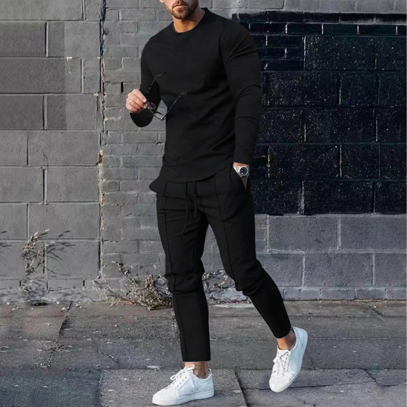Mens casual solid two-piece set round neck long sleeves top clothing sportswear sportswear 241024
