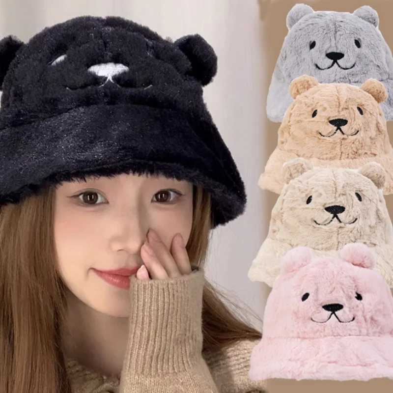 Plush Bear Fishermans Hat Fahsion Autumn/Winter Outdoor Warm and Cute Cartoon Bucket Hat Soft Velvet Hat X241023