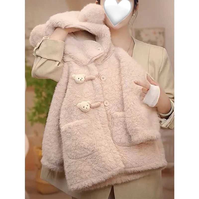 Autumn winter children wool coats solid bear ear prints baby jackets wool synthetic fur warm little girls long coat gloves W241023