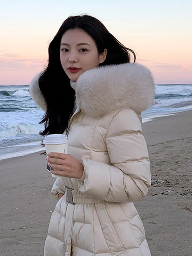 Hooded Winter Womens Big True Fox Fur Collar Duck Down Coat Womens Loose Hooded Warm Buffer Jacket T162 241023