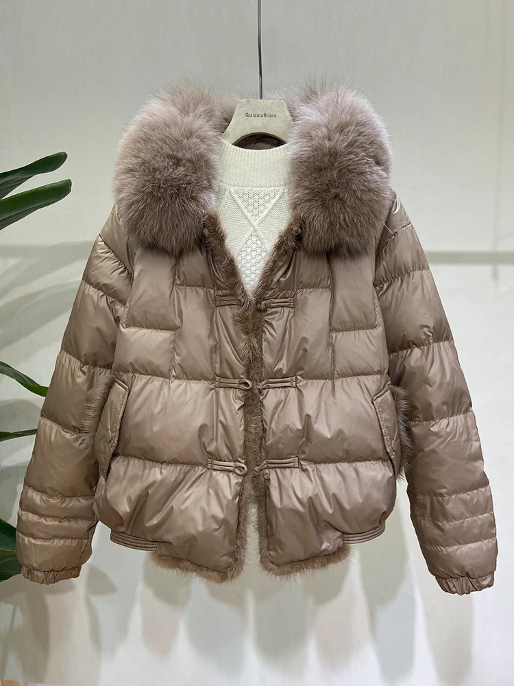 Collar Fox Fur Large Fur Collar Splicing Mink Short Sleeve Jacket Womens Clothing Board Button Bread Coat Winter Clothing Coat 241023