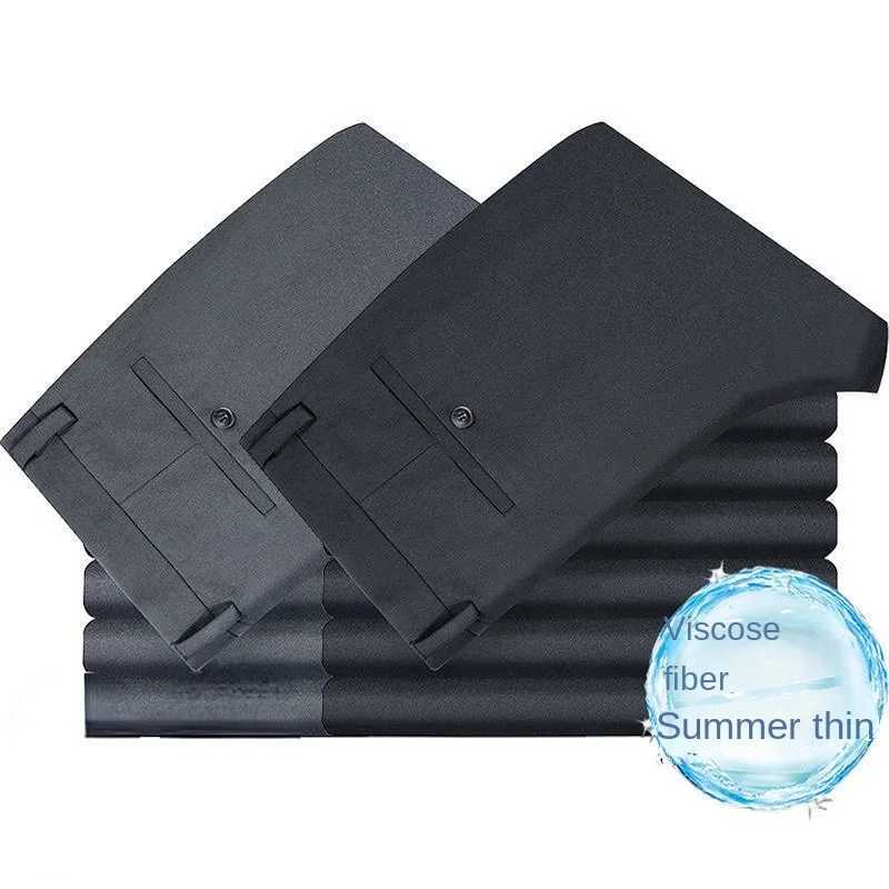 Mens Summer Casual Suit Pants Elastic Non-ing Trousers Men Black Thin Pants Slim-fit Straight Business Formal Suit TrousersX241023