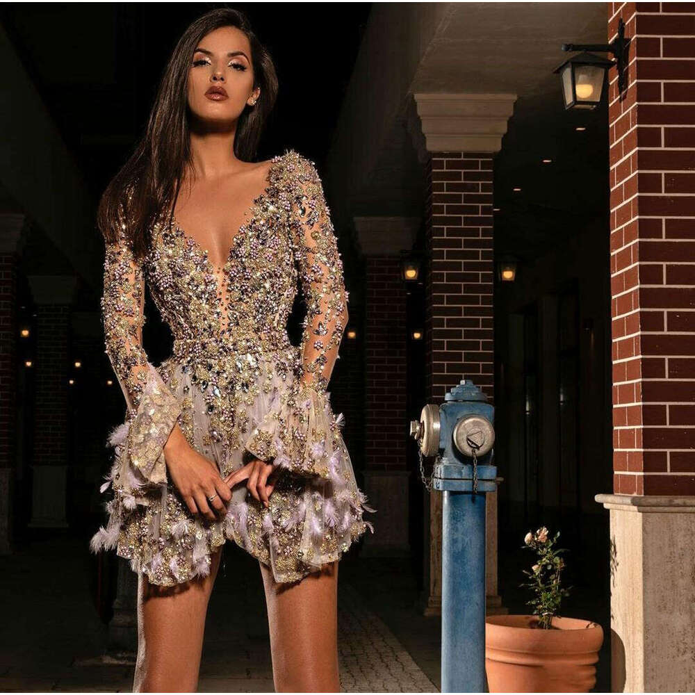 A e Deep V Neck Tulle Mini tail Dress for Women See Through Long Sleeve Prom Party Dresses with Bead Feather Crystal 2023