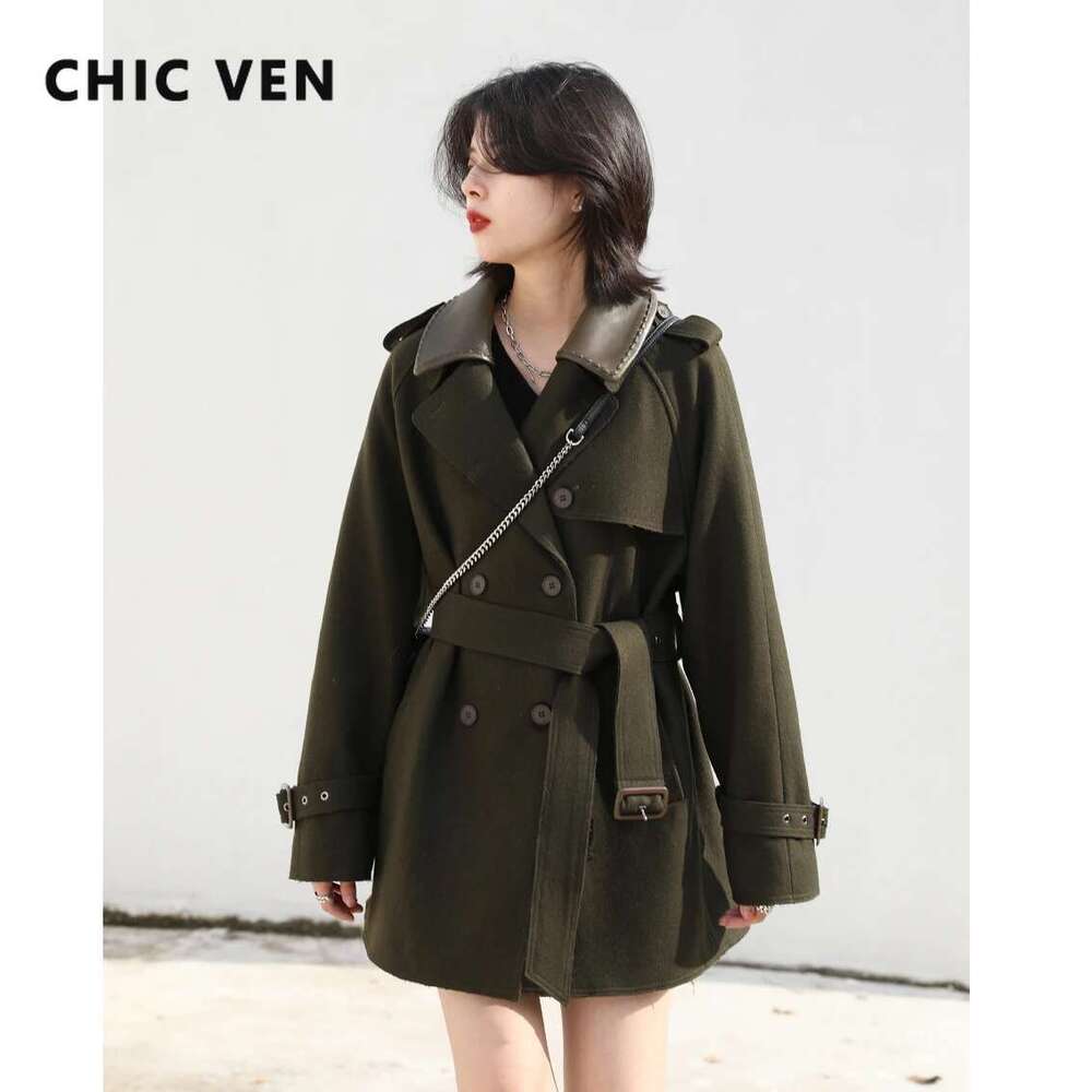 CHIC VEN Women Coat Loose Solid Double Collar Waist Belt Warm Thick Overcoat Office Lady Female Outwear Tops Autumn Winter 2024