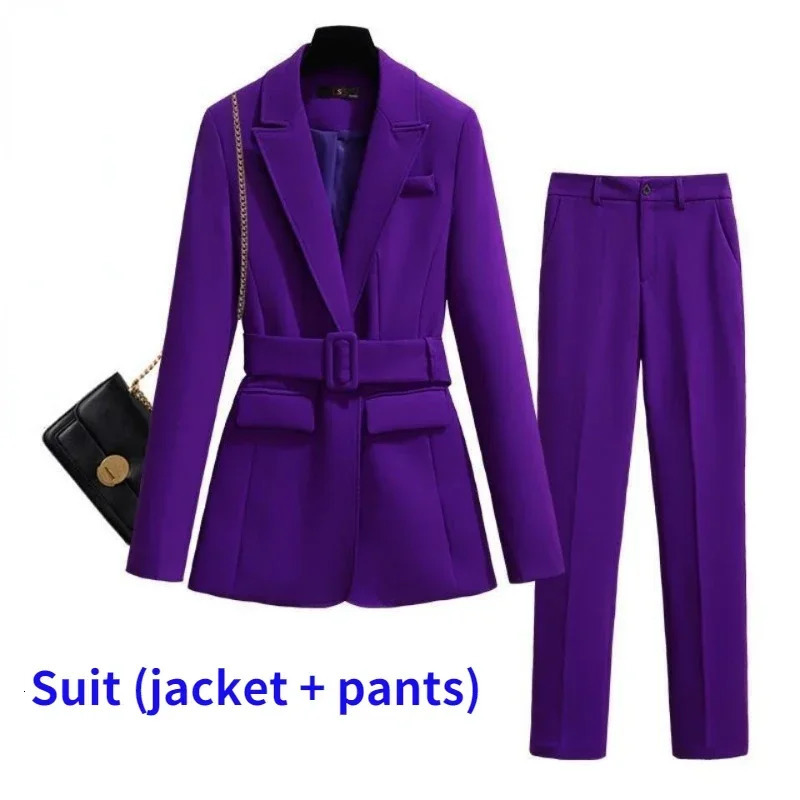 Purple Long Women Blazer and Pants 2 Pcs Set Two Piece Suit with Waist Belt Autumn Office Black Coat Sashes Business S4XL 241023