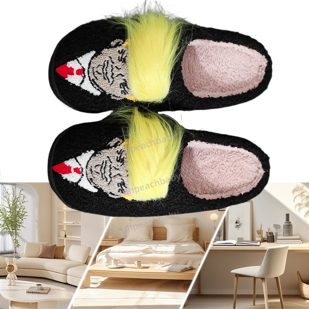 compaik Plush Wig Closed Toe Creative Warm Slip-on House Shoes Funny Thermal Slippers for Outdoor Indoor Bedroom