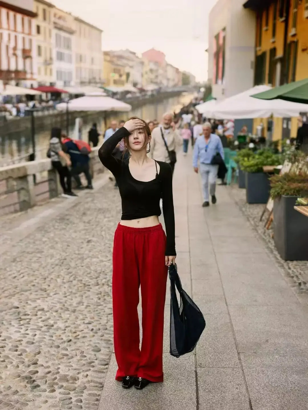 Red elastic waistband brushed loose womens autumn trend straight leg pants loose and versatile 241023