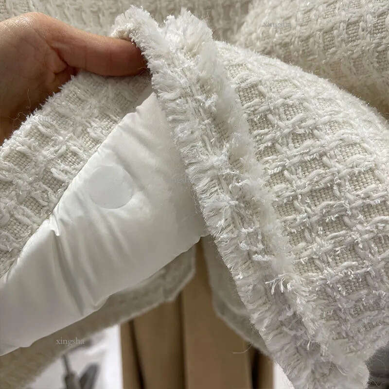 Womens Jackets Winter Warm Padding White Duck Down Liner Korean Tweed Jacket Women Elegant O Neck Long Sleeve Quilted Coat Vintage Outerwear 221007