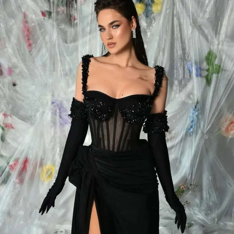 Sexy Black Formal Evening Dresses Sweetheart Neck Mermaid Prom Gowns Beads Pleat High Slit Celebrity Party Dress