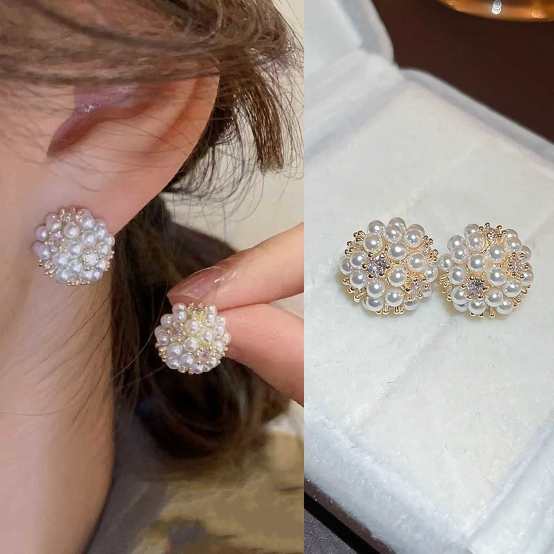 Elegant mini pearl ball stud earrings suitable for womens fashionable crystal imitation pearl earrings party cute jewelry girl gifts W241023