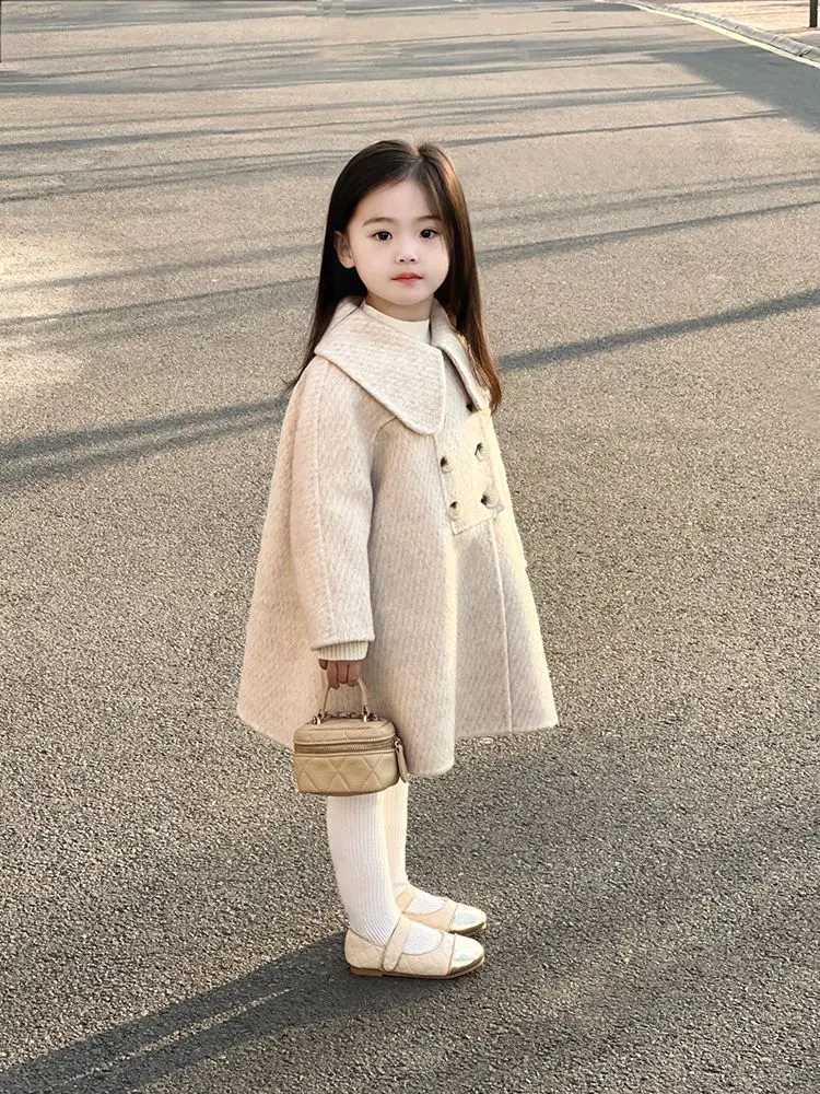 Korean childrens clothing girls wool coat autumn and winter new product baby slider doll collar medium length coat W241023