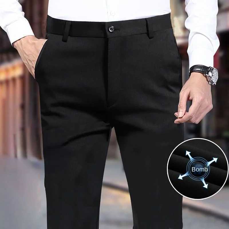 Mens Summer Casual Suit Pants Elastic Non-ing Trousers Men Black Thin Pants Slim-fit Straight Business Formal Suit TrousersX241023