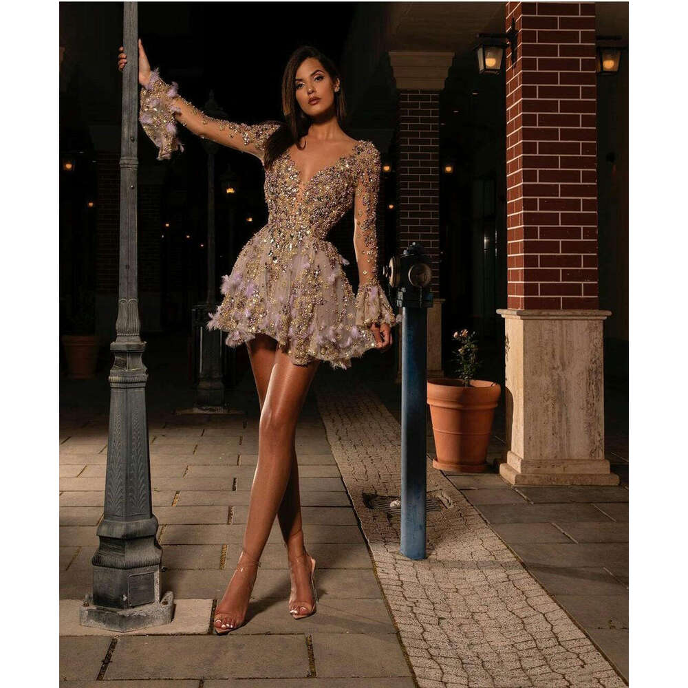 A e Deep V Neck Tulle Mini tail Dress for Women See Through Long Sleeve Prom Party Dresses with Bead Feather Crystal 2023