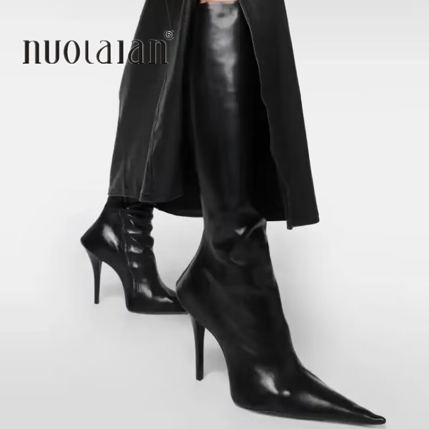 Brand Fashion Knee Zip Pointed Toe Footwear 10Cm High Heels Female Long Boots Party Shoes Women 2023 New Winter