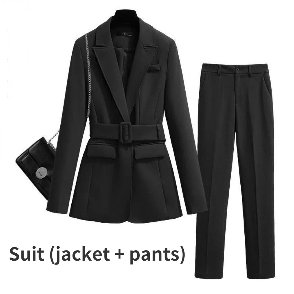 Purple Long Women Blazer and Pants 2 Pcs Set Two Piece Suit with Waist Belt Autumn Office Black Coat Sashes Business S4XL 241023