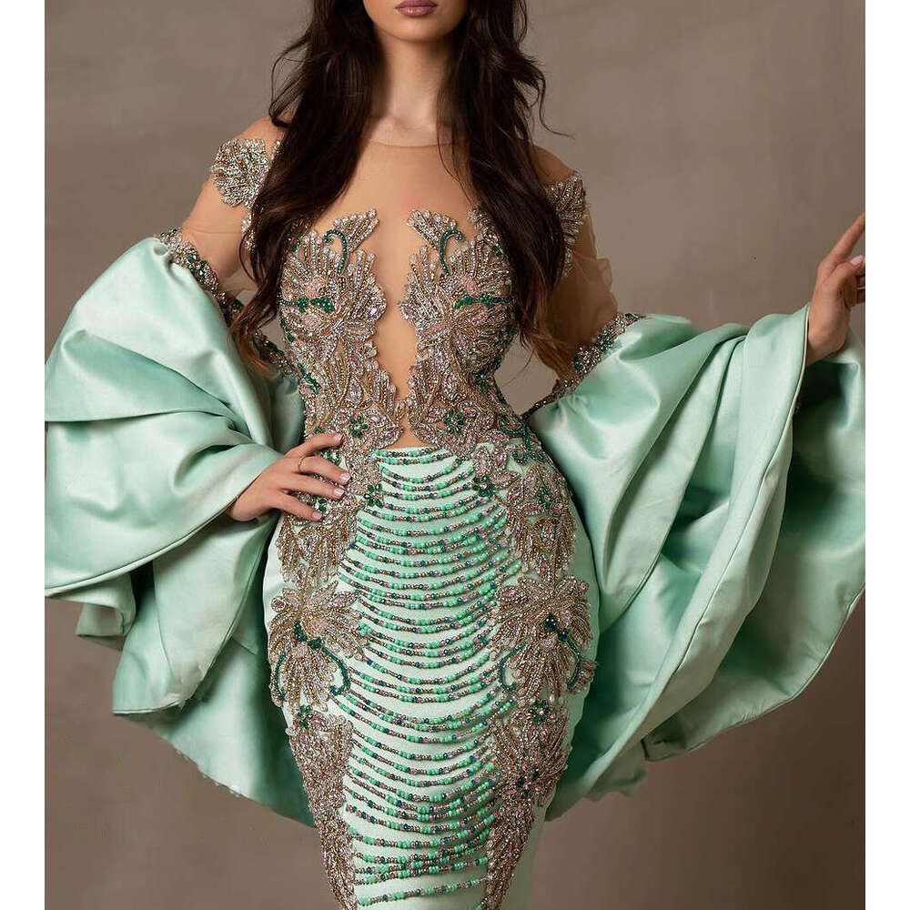 urious Beading Mermaid Prom Dresses Elegant Long Sleeve Evening Gowns Side Split Appliqued Formal Dress