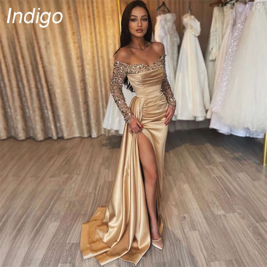 Indigo Prom Dresses Strapless Sequin Off Shoulder High Slit Mermaid Formal Ocn Dress For Women 2024 Vestidos De Gala