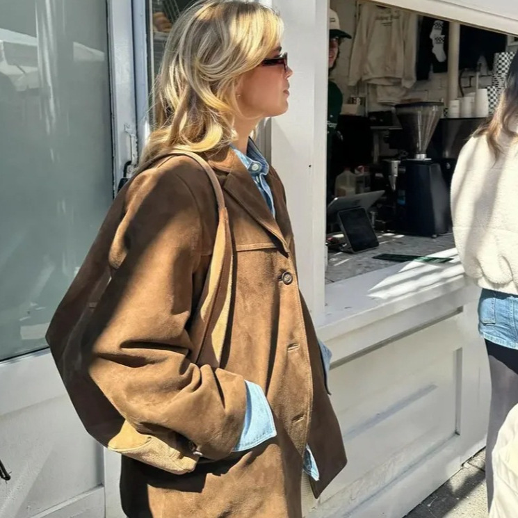 Fashionable brown suede womens jacket elegant lapel long sleeved single chest pocket jacket autumn office womens commuting jacket 240827