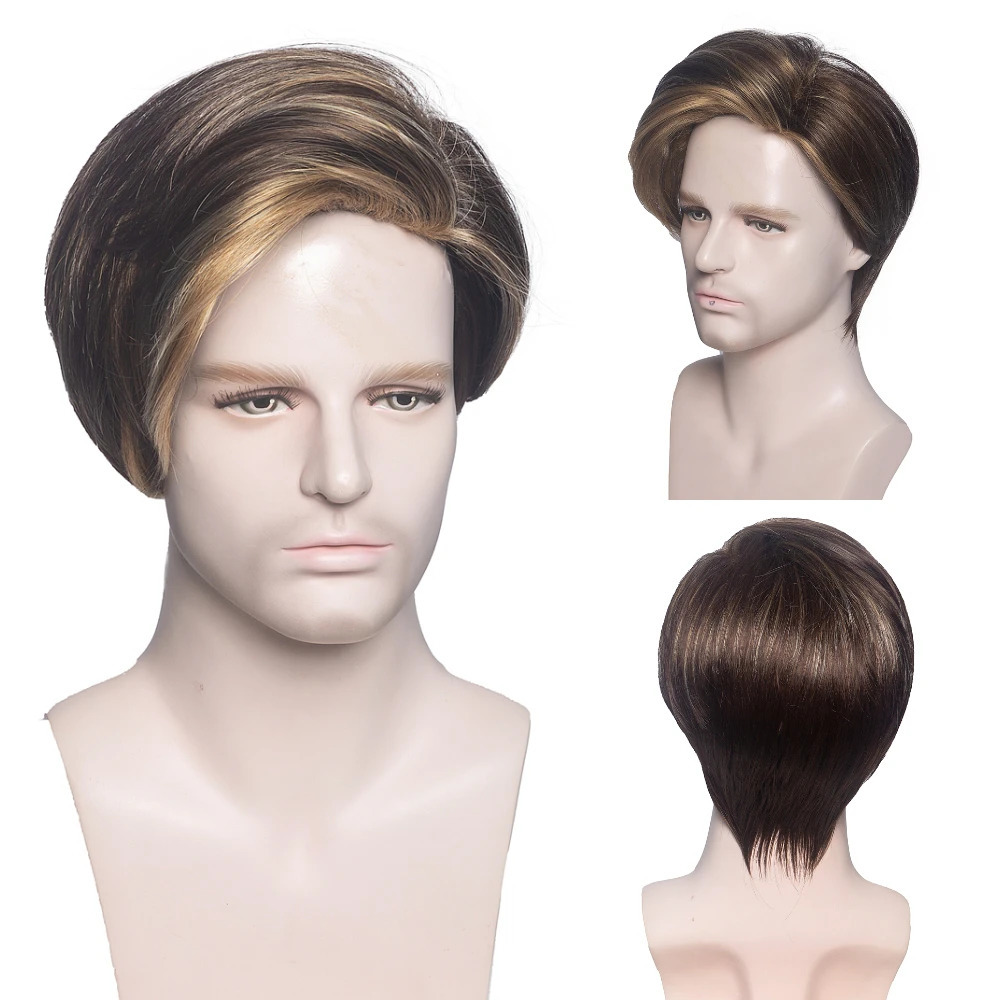 MSIWIGS Men Short Straight Wig Ombre Grey Brown Synthetic Wig White for Male Hair Fleeciness Realistic Natural Headgear 241024