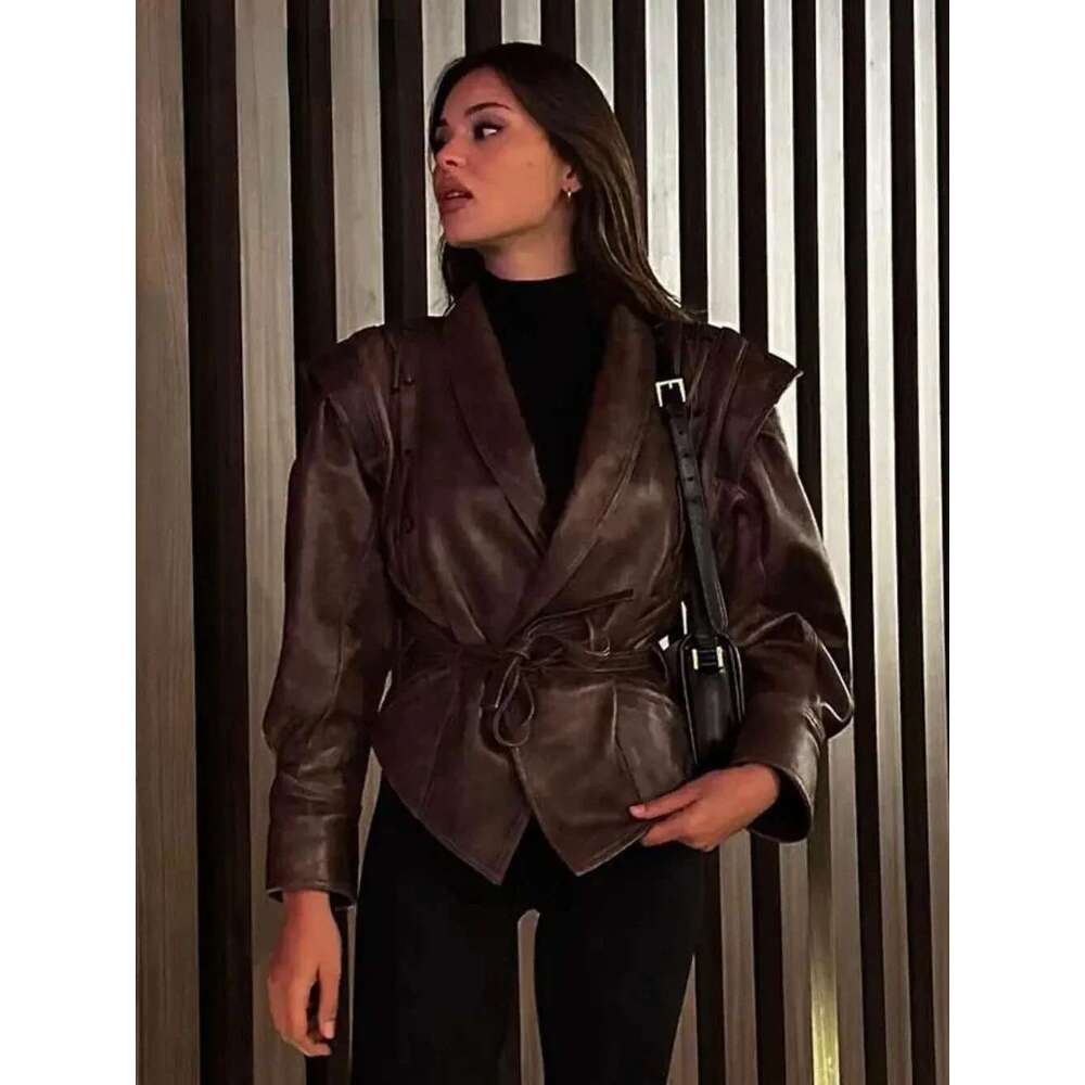 Pu Motorcycle Coat Women Fashion Spring Autumn Faux Leather Jacket Vintage V Neck Female High Street Casual Ladies Outwear