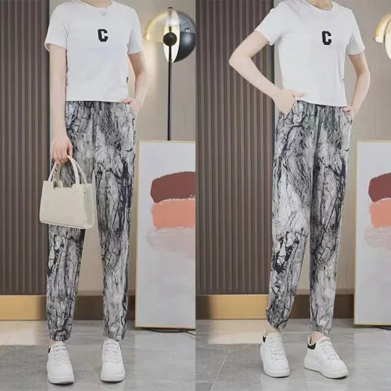 Korean womens summer patchwork elastic high waisted pocket printed letters fashionable loose fully matched casual harem pants 241023