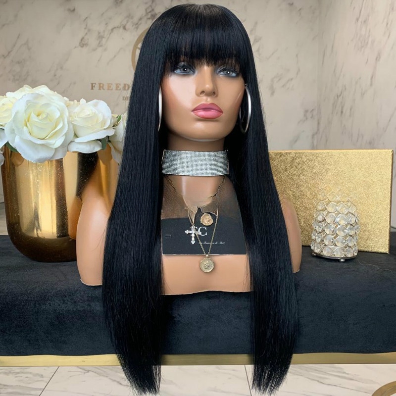 Wig for women long straight hair wig with bangs black fashion temperament face-shaping synthetic fiber wig