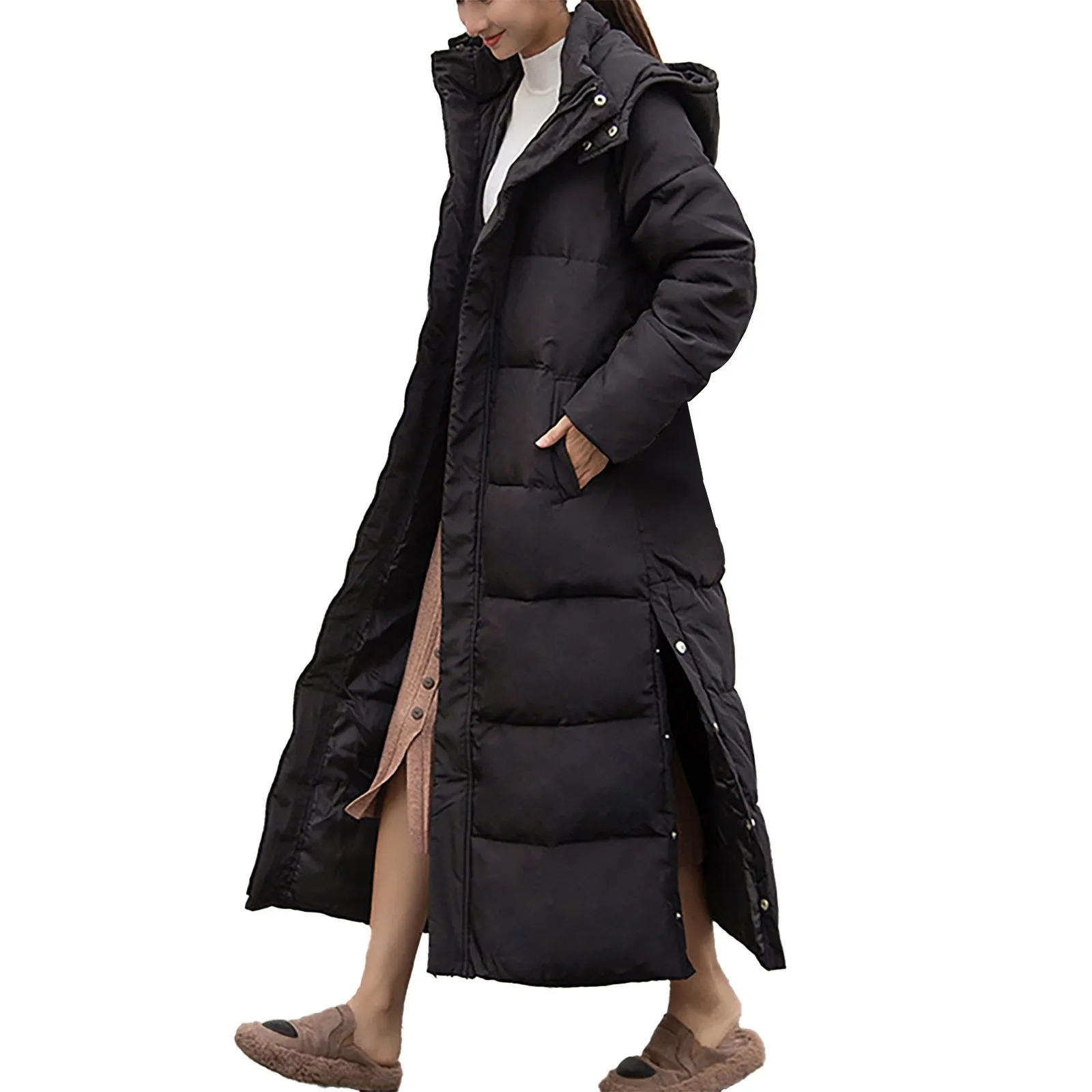 Womens thick coat warm winter portable hoodie Parka extra long knee cotton jacket womens black oversized coat 241023