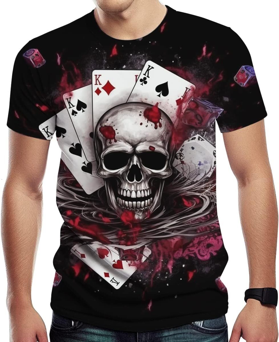 Mens T shirt Novelty Fashion Poker Cards with Skull Print Short Sleeve T Shirt for Men's tee Casual tops summer clothes Fashionable and cool