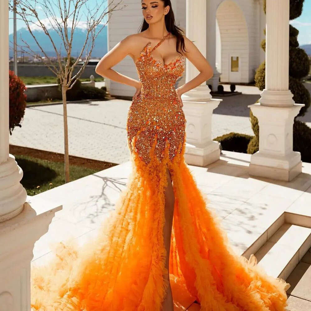 2023 Sequins Prom Dresses Sexy One Shoulder Tiered Ruffles Gowns Party Dress Special Occassion