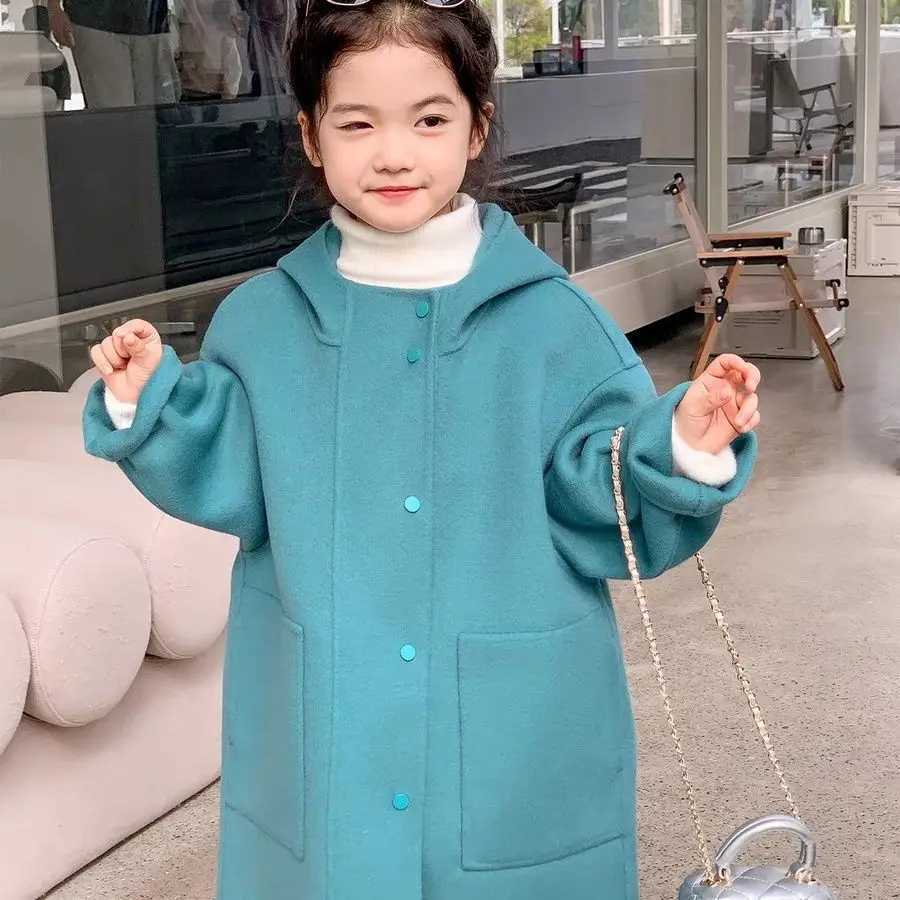 Wool blend jacket Korean winter girls long hooded warm jacket childrens clothing thick jacket childrens jacket S65 W241023